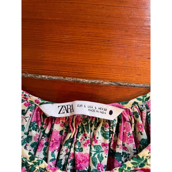 Zara Floral Babydoll Smock Mini Dress Pink Roses Ruffle Hem Size Large - Picture 4 of 12